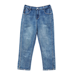 胖mm烟管九分牛仔裤木子理想大码女装春季直筒显瘦脚口开叉裤子