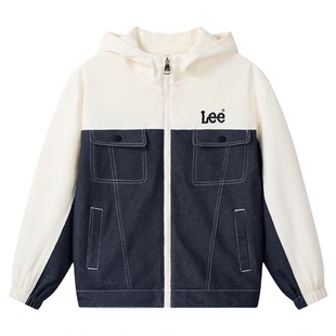 Lee kids儿童软牛仔拼接连帽外套秋冬男女中大童刺绣宽松百搭梭织