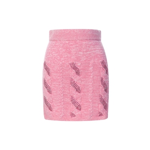 lefame拉飞姆秋季粉色绞花烫钻针织短裙包臀半裙