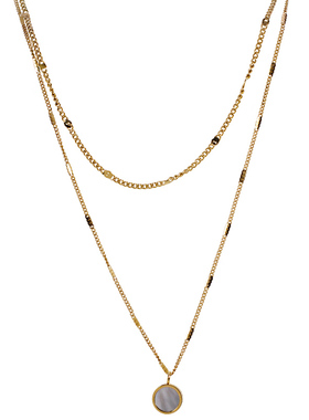 钛钢镀18K金女气质母贝双层项链