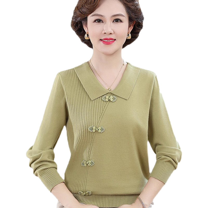 妈妈装秋装新款毛衣洋气翻领针织小衫中老年女秋冬长袖打底衫上衣