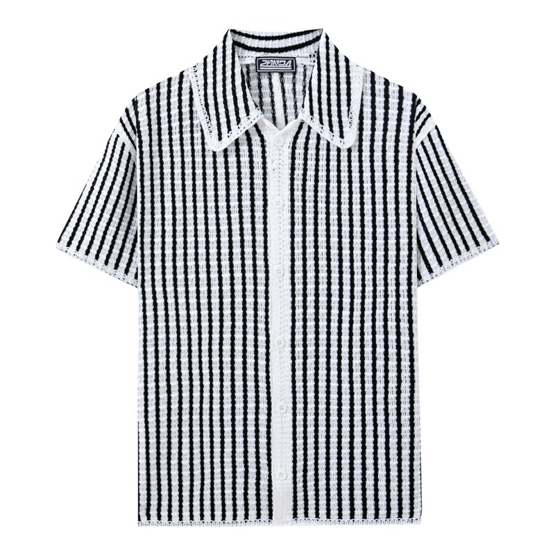 2026夏欧美条纹拼色针织短袖衬衫男镂空短袖开衫polo衫Men shirt