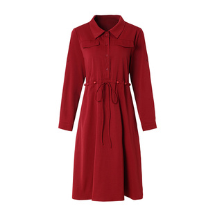 海青蓝 秋冬连衣裙女2025年新款系带翻领纯色长袖中长款高级裙子