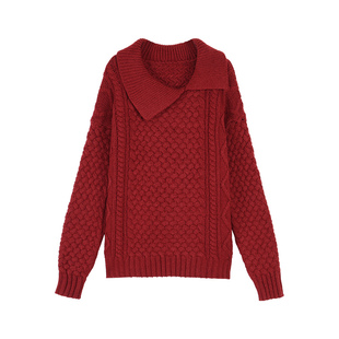 pusumede【现货7.5折】松弛慵懒 斜翻领针织衫毛衣女保暖毛织上衣