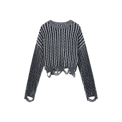 Jamor时尚黑色圆领针织衫2025秋冬新款下摆磨破做旧短款上衣