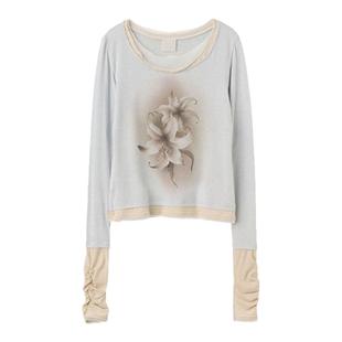 SCULPTOR金秋天同款多层设计感长袖T恤女百合印花收腰显瘦打底衫