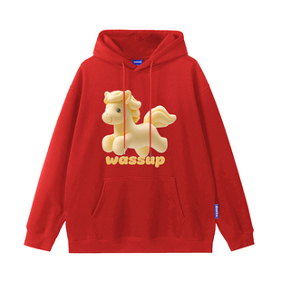 WASSUP中国红马年国潮卫衣男连帽秋冬2026新款加绒宽松情侣款上衣
