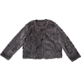 oo&vv灰色牛角扣仿皮草外套女25冬短款毛绒保暖显瘦高级感短外套