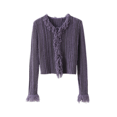 popchrio法式毛边流苏针织开衫