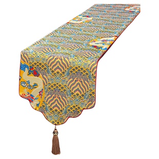 新中式桌旗茶桌垫布茶台禅意餐桌布云锦绸缎长条床旗高端茶几茶旗