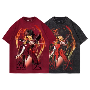 TEE7-复古动漫魔神坛斗士火焰神真田辽水洗做旧纯棉宽松短袖T恤