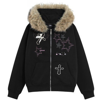 404MOB字母烫钻大毛领冬季厚外套女2025短款加绒保暖连帽开衫卫衣