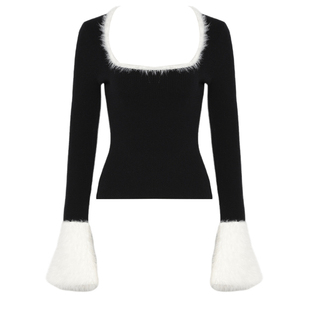 DPLAY2025秋季新款白拼黑色毛衣女微喇袖仿貂毛针织衫修身上衣