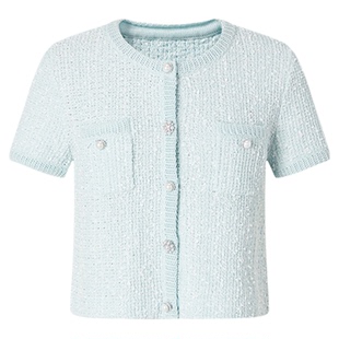 商场同款 摩萨克夏季棉圆领小香风立体花纱针织短袖开衫女