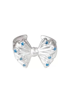 温柔法式轻奢小众蝴蝶结开口戒指女百搭气质少女蓝钻银色指环好看