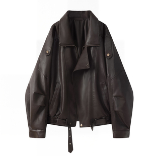 棕色皮衣外套女2025新款酷飒风美式机车蛋白皮宽松立领高级感夹克