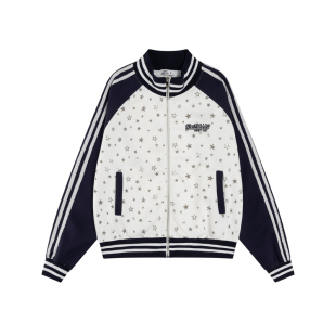 Amoeba美式复古条纹撞色插肩袖星星印花宽松学院风立领夹克外套女