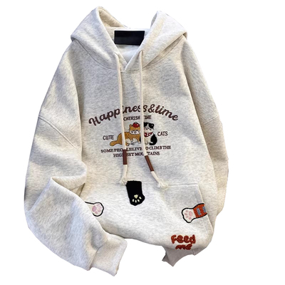美式刺绣小猫连帽卫衣外套女春装