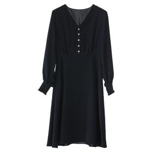 Yifini/易菲三醋酸长袖连衣裙V领小性感茶歇裙高级感春秋新款