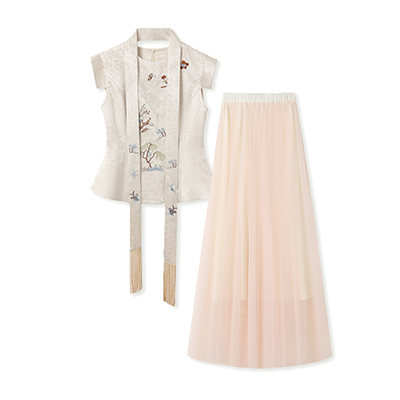 新中式绣花时尚上衣蓬蓬半裙套装