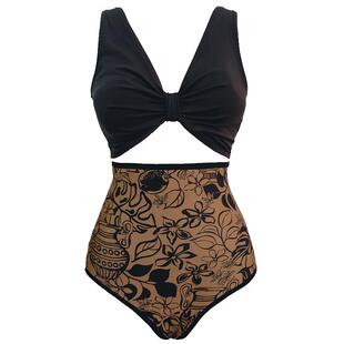 visual mood比基尼泳衣复古双面印花高腰显瘦海边度假分体套装