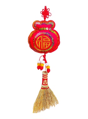 高粱苗小扫把婴儿童床头挂件真铜五帝钱扫帚挂饰宝宝扫帚笤帚挂件
