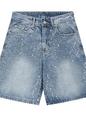 夏季日系泼墨烫钻宽松牛仔短裤男