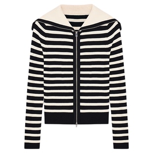 HPLY荷比俪2025秋新款女可机洗绵羊毛经典黑白条纹时尚通勤羊毛衫