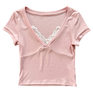 纯欲风小个子V领短袖女夏季正肩低领内搭短款漏脐露锁骨蕾丝上衣