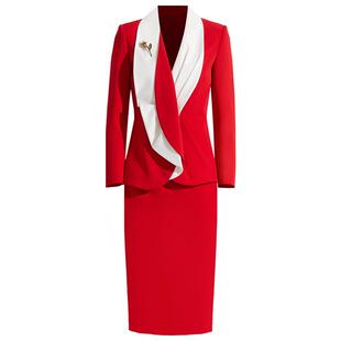 创意狐主持人时尚红色正装公司年会职业装套装播音艺考服装两件套