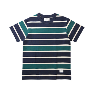 Emomo彩色条纹230g重磅日系复古中性男女拼色纯棉圆领短袖T恤tee