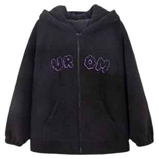 库洛米jk制服刺绣黑色连帽卫衣仿羊羔绒秋冬少女加绒宽松外套女潮