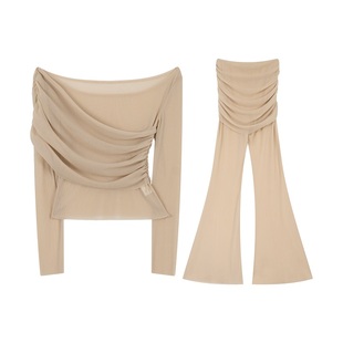 CUICUI崔崔【神明少女】早春气质朦胧感显曲线荡领上衣微喇裤套装