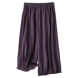 大码裤子女凉感夏季2025新款胖妹妹松紧腰宽松慵懒风木耳边八分裤