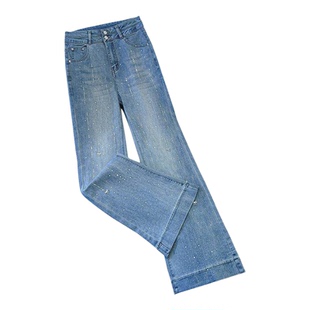 拉夏贝尔微喇牛仔裤女春季2026新款烫钻修身显瘦马蹄裤镶钻喇叭裤