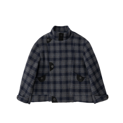 阔版拼接撞色格纹大衣