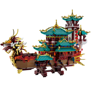 儿童益智积木拼装古风龙舟模型传统国风龙船玩具摆件男孩拼图礼物