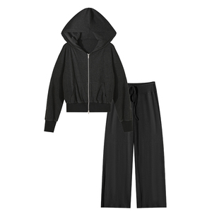 大于诗集 白女穿搭 德绒连帽拉链卫衣外套女垂感直筒休闲裤套装冬