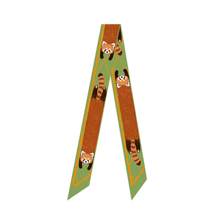 插画师手绘原创插画绿竹子小熊猫可爱复古长款飘带窄丝巾发带绑包