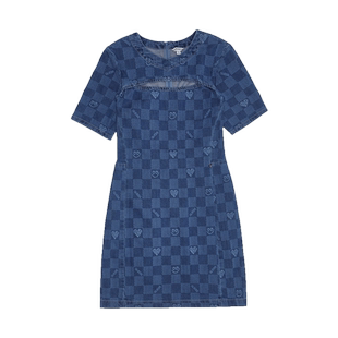 GUESS女士领棋盘格爱心提花收腰包臀牛仔连衣裙-YN2D6782