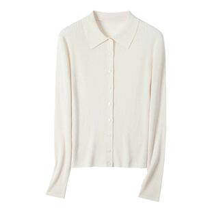 白色POLO领针织开衫女2026新款显瘦内搭48支细绵羊毛打底衫上衣春
