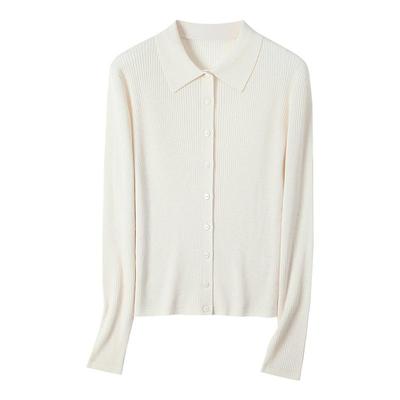 48支绵羊毛坑条Polo领针织开衫女