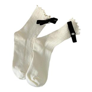 日系可爱花边袜子女中筒袜百搭竖条纹蝴蝶结堆堆袜JK甜美黑白棉袜