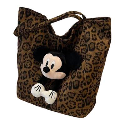 小众豹纹帆布包包女米奇公仔托特包拉链款超火大容量收纳购物袋