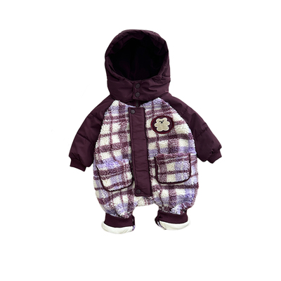 婴儿衣服冬季哈衣毛绒格子连体衣
