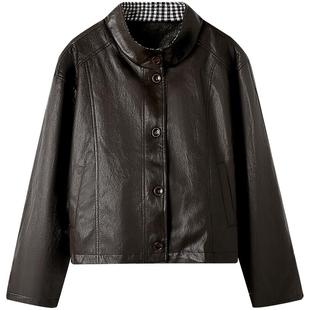 慕兔复古气质立领PU皮衣外套女2025秋新款小个子宽松显瘦夹克上衣