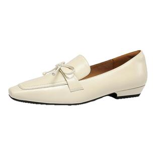 金利来真皮乐福鞋女春季新款女鞋白色皮面蝴蝶结低跟英伦风单鞋女