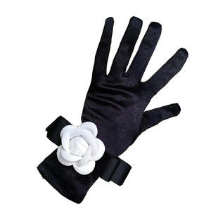 春秋款防晒手套法式复古黑色山茶花分指女士缎面金丝绒玫瑰花影楼