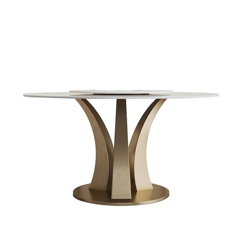 奥古斯特亮光岩板圆桌带转盘现代简约意式轻奢小户型设计师圆形桌
