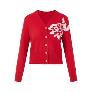 LIME莱茵V领针织开衫节日新年红色毛衫牡丹花羊毛羊绒混纺女上衣